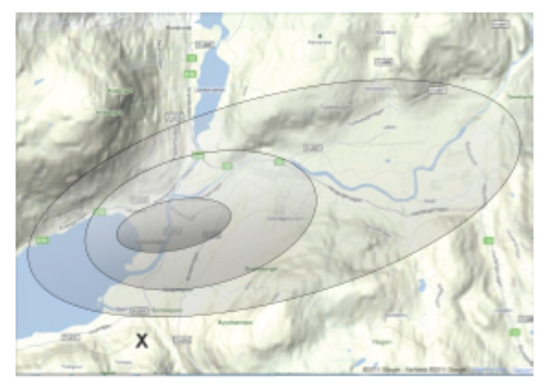 Figure 5: Three mutually exclusive geographical zones define the news content for mobile phones with GPS (Nyre et.al. 2012).