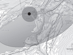 Figure 2: We defined three areas of proximity for Lokanytt. The figure shows a typical layout from the town of Voss, where mountain slopes, rivers and lakes create a natural ellipse in which most of the population and its transport structures are contained.