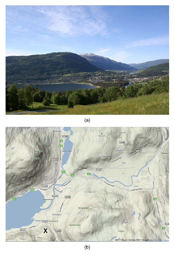 Figure 2. The same topographical perspective on Voss as represented in a photograph (a) and a web map (b). The X on the map shows the approximate position of the photographer. Source: Photo Wikimedia Commons (http://no.wikipedia.org/wiki/Fil:Voss2.jpg); map based on Google Maps.